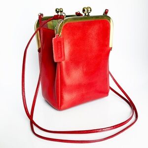 70s Bonnie Cashin for Coach Double Entry Swinger Bag Red Leather Kiss Locks Rare